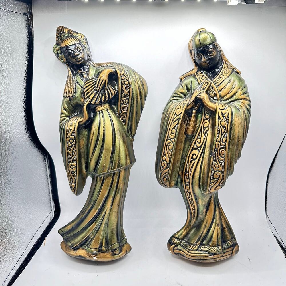 MCM RARE Vintage Chalkware Plaster Asian theme Man & Woman Wall hanging - Picture 3 of 9